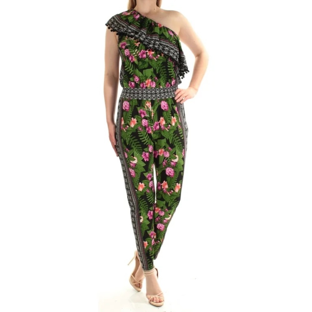 Green and Pink Ruffled One-Shoulder Jumpsuit with Elastic Waist
